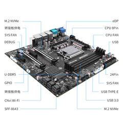 Q670 12-Bay NAS M-ATX Motherboard(LGA1700, 12th/13th/14th Gen. Desktop Processor), 4* U-DIMM DDR5 MAX 128GB, 2* M.2 NVMe, 12* SATA 3.0, 1* Type-C 20Gbps, 6* USB, DP/HDMI/VGA/eDP, COM Port