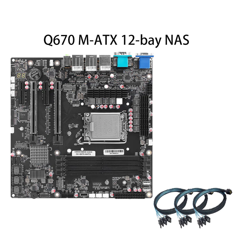 Q670 12-Bay NAS M-ATX Motherboard(LGA1700, 12th/13th/14th Gen. Desktop Processor), 4* U-DIMM DDR5 MAX 128GB, 2* M.2 NVMe, 12* SATA 3.0, 1* Type-C 20Gbps, 6* USB, DP/HDMI/VGA/eDP, COM Port