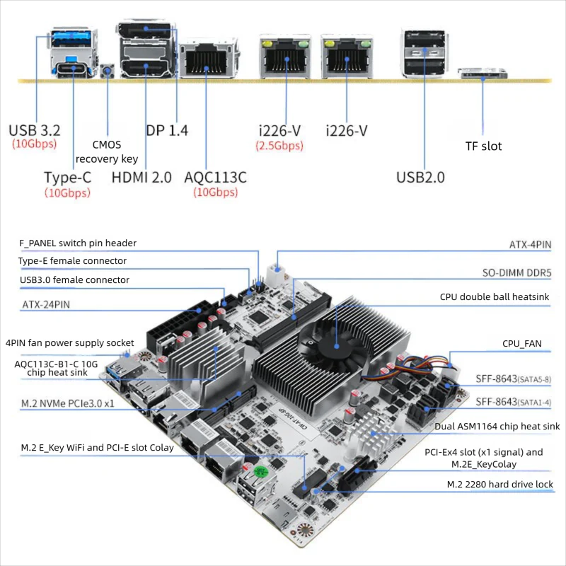 eight-slot 10G NAS motherboard N150/N305/N355 / dual 2.5G network card + 10G 10G port / single DDR5 + dual NVME NAS motherboard