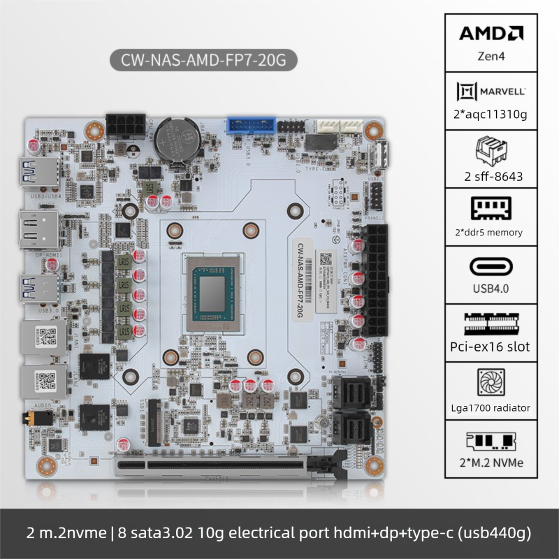 AMD 8845HS 8-core NAS Motherboard with Dual 10G Ethernet Ports and 8-Bay AI Processor